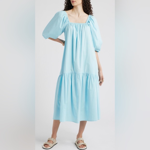 Nordstrom Dresses & Skirts - NORDSTROM SQUARE NECK PUFF SLEEVE COTTON MIDI DRESS WOMENS BLUE COLOR SIZE S/M